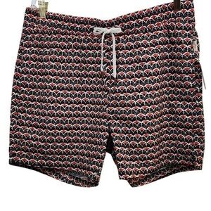 Onia Men's XL Swim Trunks Red Black White Fan Pattern‎ Drawstring Pockets